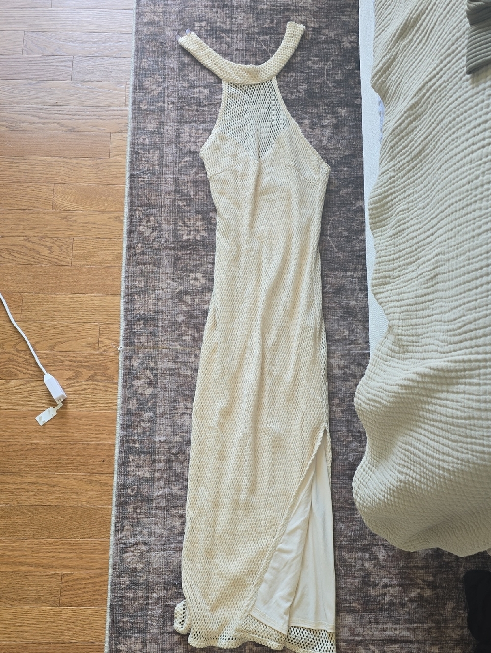 Beige Crochet Halter Maxi Dress with Side Slit